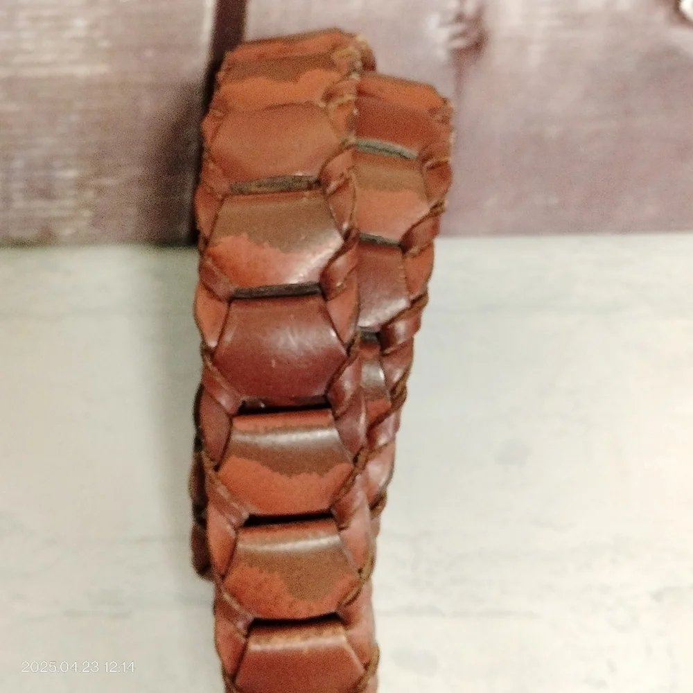 Genuine Leather Men's Brown Belt 38 Rectangular Braided With Solid Brass Buckle